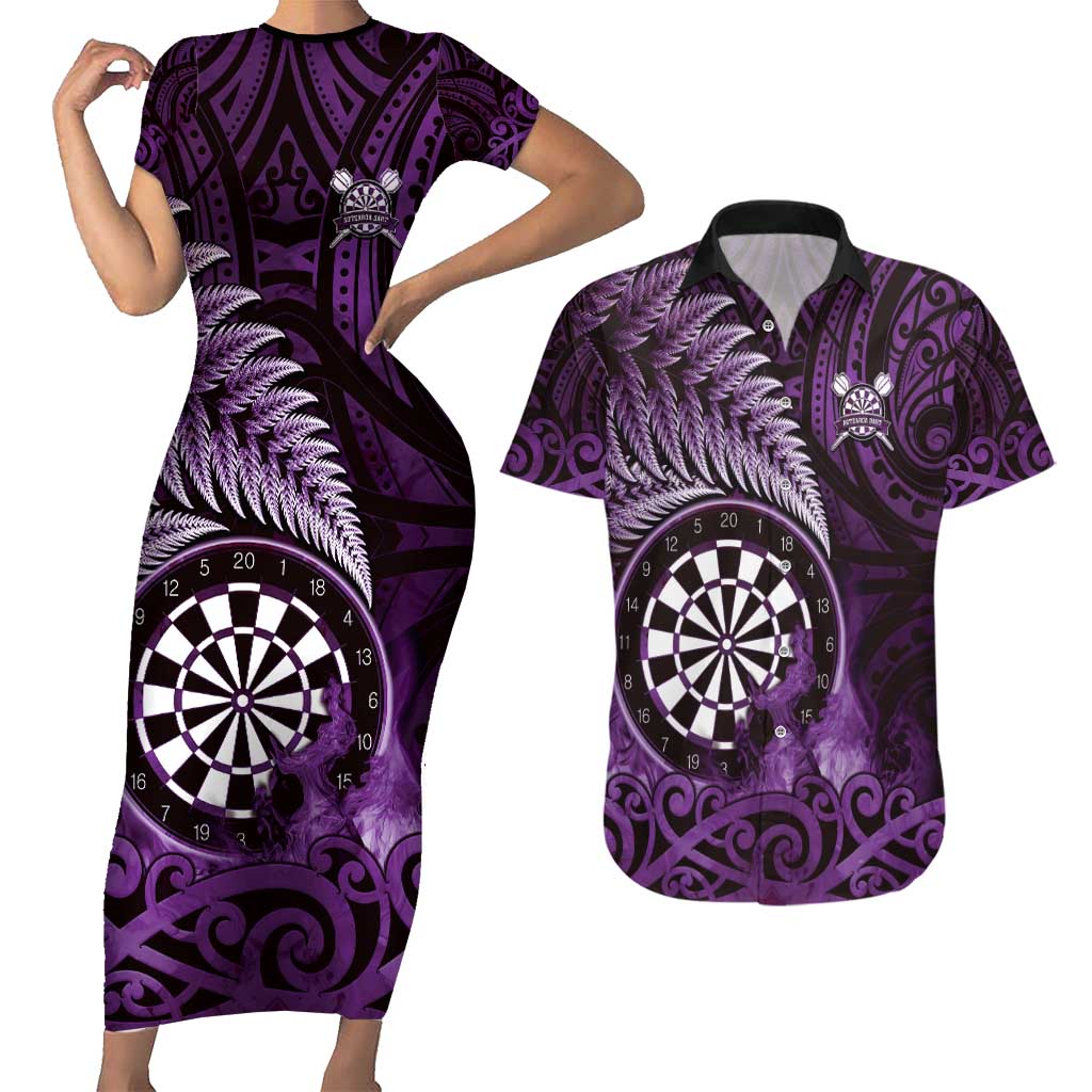 Personalised New Zealand Darts Couples Matching Short Sleeve Bodycon Dress and Hawaiian Shirt Maori Koru Dartboard Purple Flame