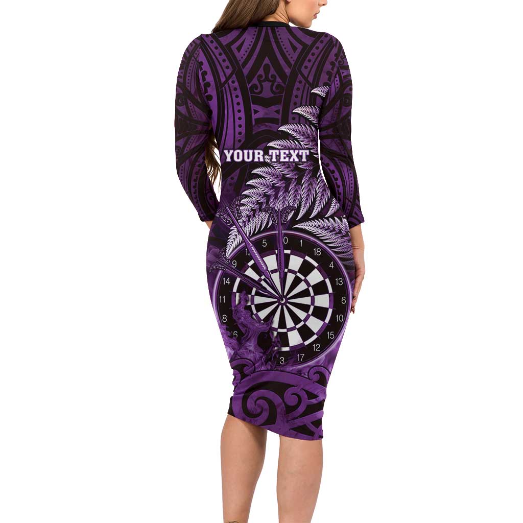 Personalised New Zealand Darts Family Matching Long Sleeve Bodycon Dress and Hawaiian Shirt Maori Koru Dartboard Purple Flame