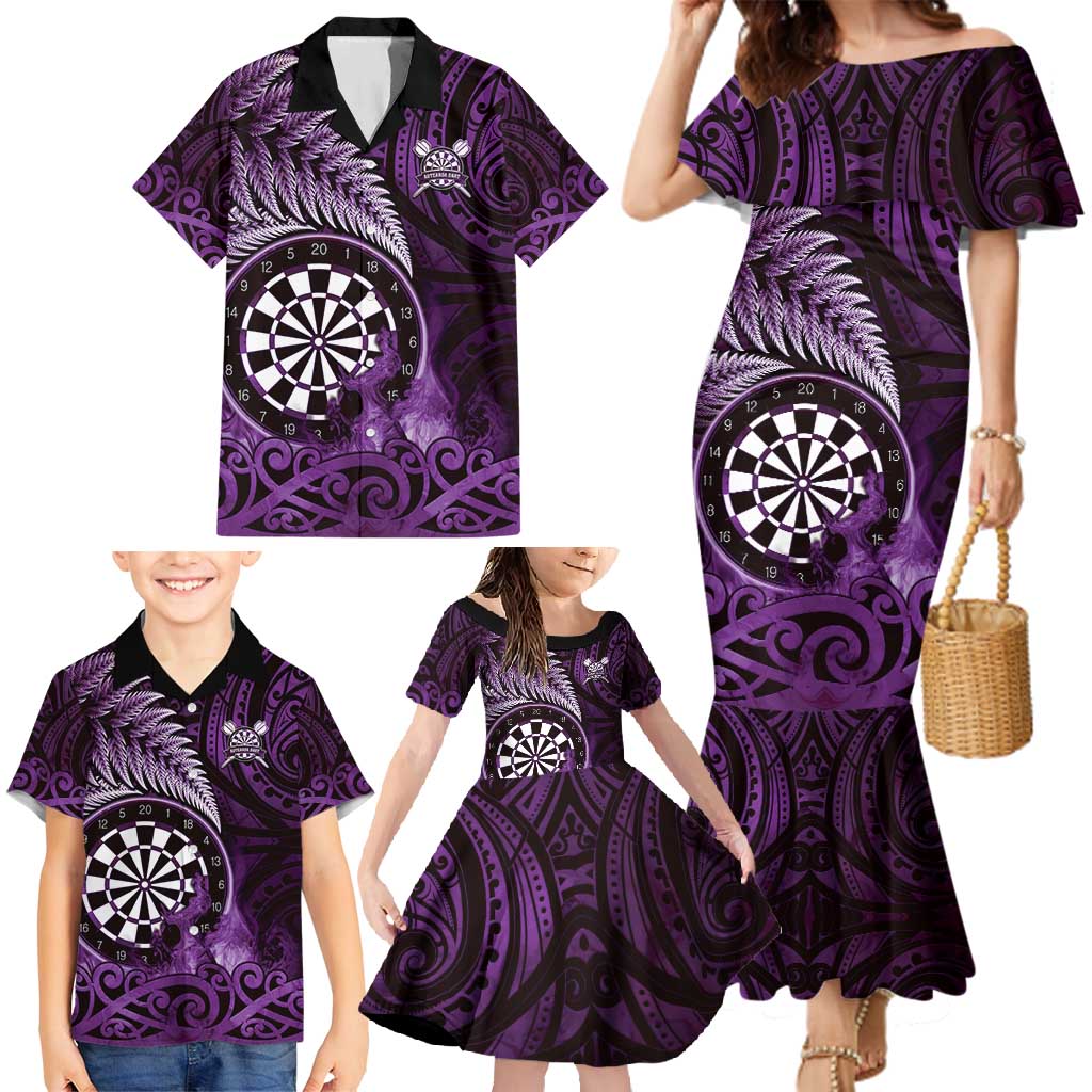 Personalised New Zealand Darts Family Matching Mermaid Dress and Hawaiian Shirt Maori Koru Dartboard Purple Flame