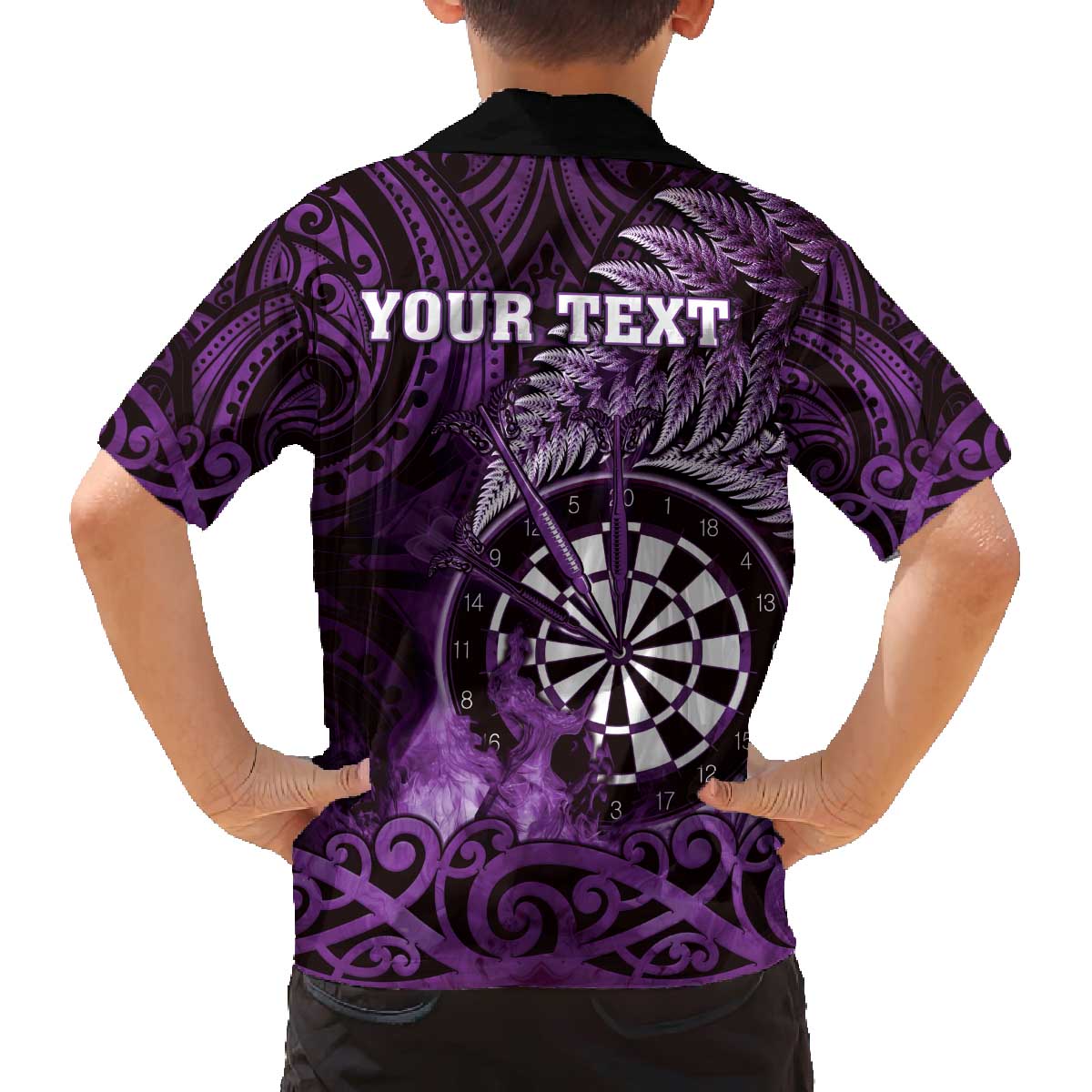 Personalised New Zealand Darts Family Matching Off The Shoulder Long Sleeve Dress and Hawaiian Shirt Maori Koru Dartboard Purple Flame