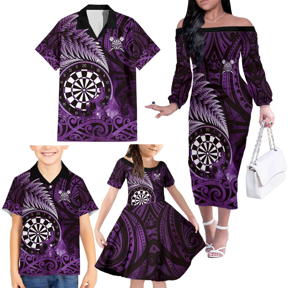 Personalised New Zealand Darts Family Matching Off The Shoulder Long Sleeve Dress and Hawaiian Shirt Maori Koru Dartboard Purple Flame