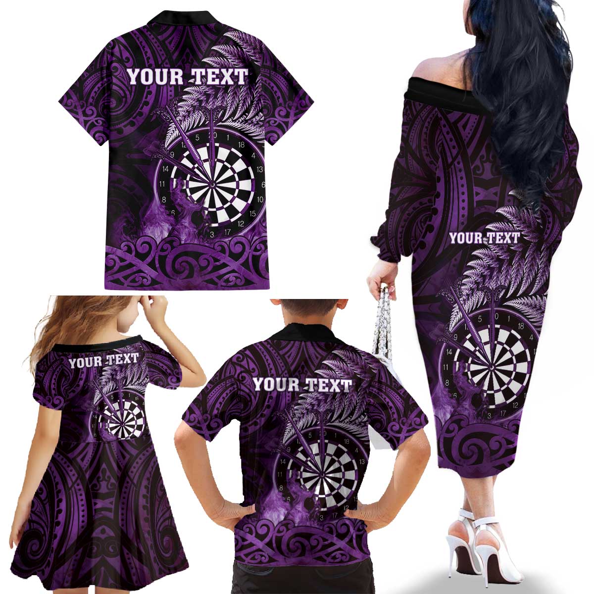 Personalised New Zealand Darts Family Matching Off The Shoulder Long Sleeve Dress and Hawaiian Shirt Maori Koru Dartboard Purple Flame