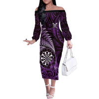 Personalised New Zealand Darts Family Matching Off The Shoulder Long Sleeve Dress and Hawaiian Shirt Maori Koru Dartboard Purple Flame