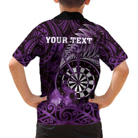 Personalised New Zealand Darts Family Matching Off Shoulder Short Dress and Hawaiian Shirt Maori Koru Dartboard Purple Flame