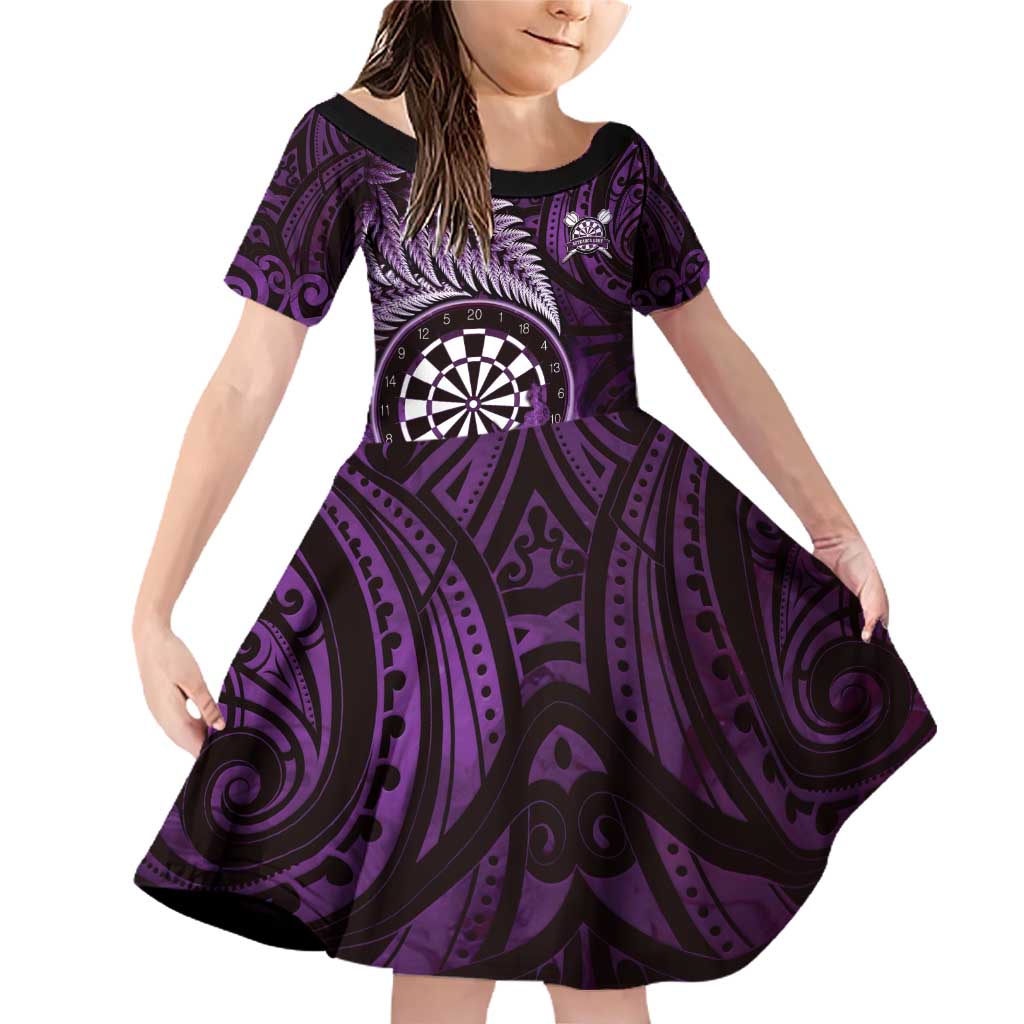 Personalised New Zealand Darts Family Matching Off Shoulder Short Dress and Hawaiian Shirt Maori Koru Dartboard Purple Flame
