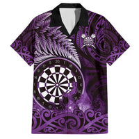 Personalised New Zealand Darts Family Matching Off Shoulder Short Dress and Hawaiian Shirt Maori Koru Dartboard Purple Flame