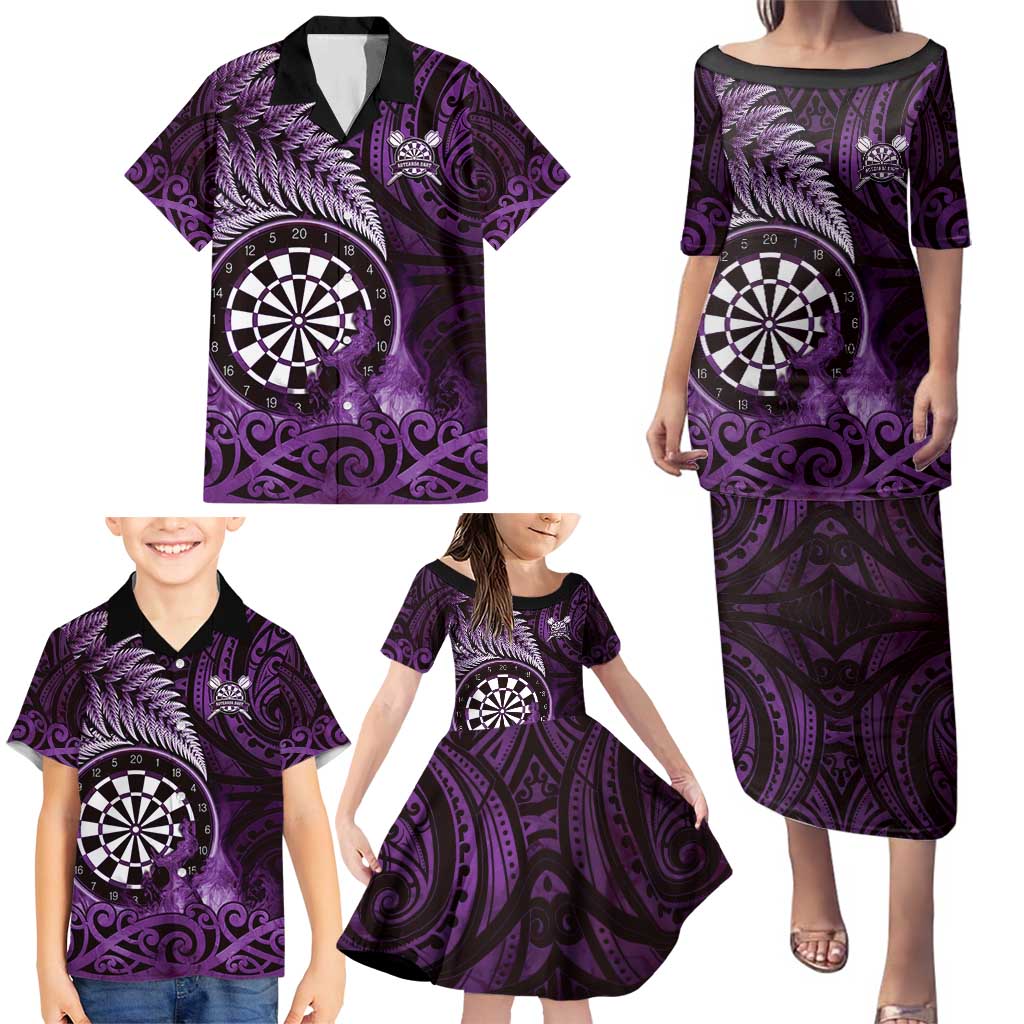 Personalised New Zealand Darts Family Matching Puletasi and Hawaiian Shirt Maori Koru Dartboard Purple Flame