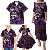 Personalised New Zealand Darts Family Matching Puletasi and Hawaiian Shirt Maori Koru Dartboard Purple Flame