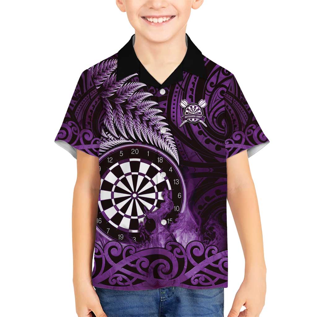 Personalised New Zealand Darts Family Matching Puletasi and Hawaiian Shirt Maori Koru Dartboard Purple Flame