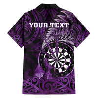Personalised New Zealand Darts Family Matching Short Sleeve Bodycon Dress and Hawaiian Shirt Maori Koru Dartboard Purple Flame