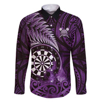 Personalised New Zealand Darts Family Matching Short Sleeve Bodycon Dress and Hawaiian Shirt Maori Koru Dartboard Purple Flame
