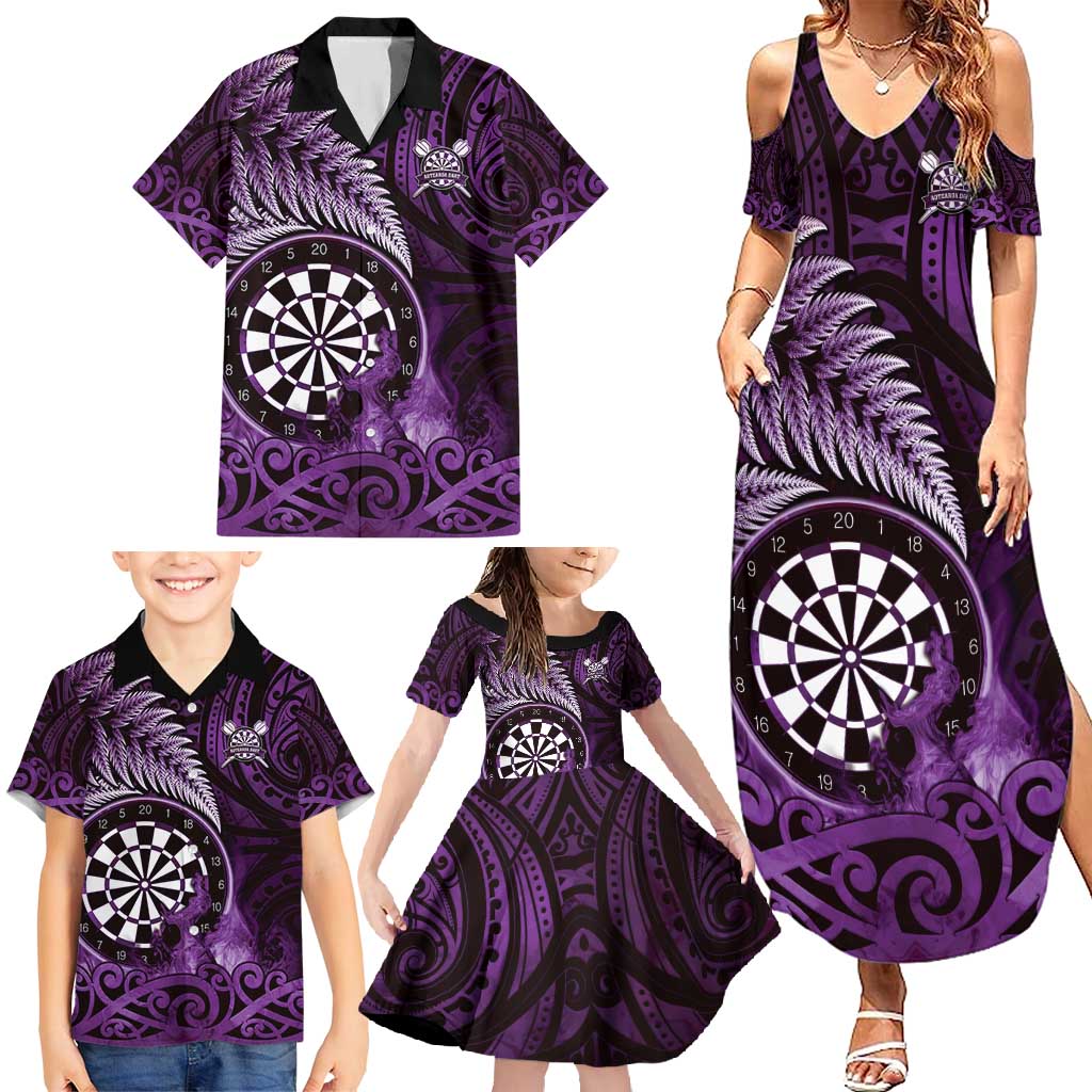 Personalised New Zealand Darts Family Matching Summer Maxi Dress and Hawaiian Shirt Maori Koru Dartboard Purple Flame