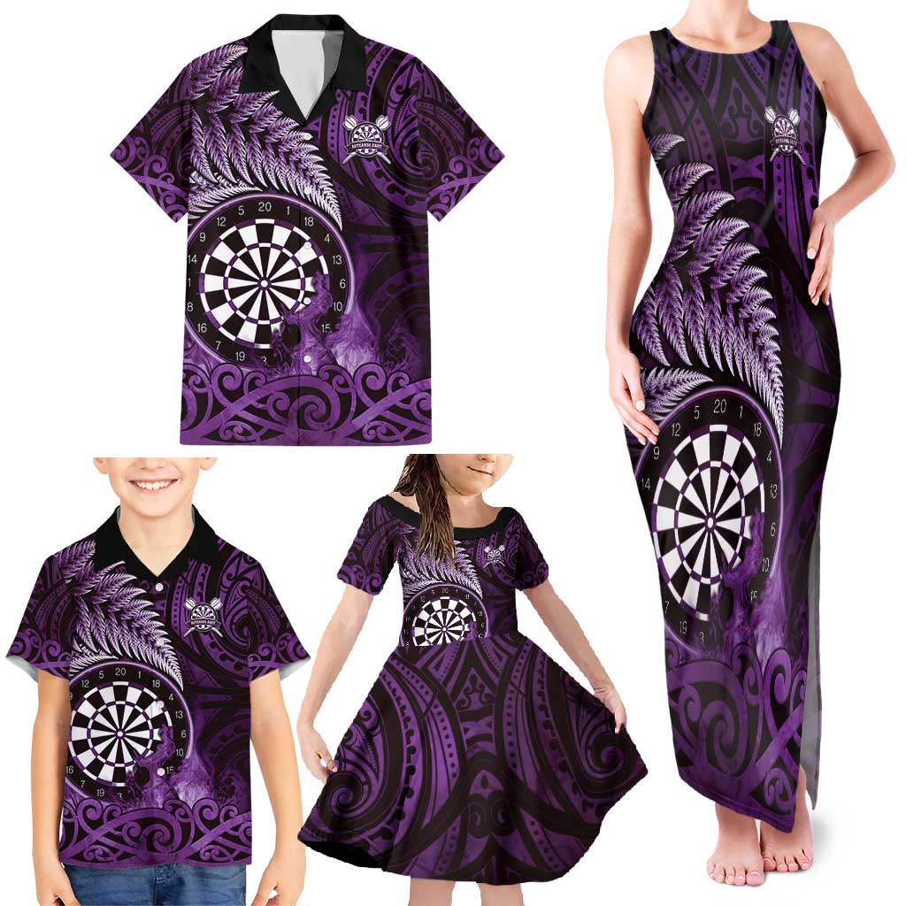 Personalised New Zealand Darts Family Matching Tank Maxi Dress and Hawaiian Shirt Maori Koru Dartboard Purple Flame
