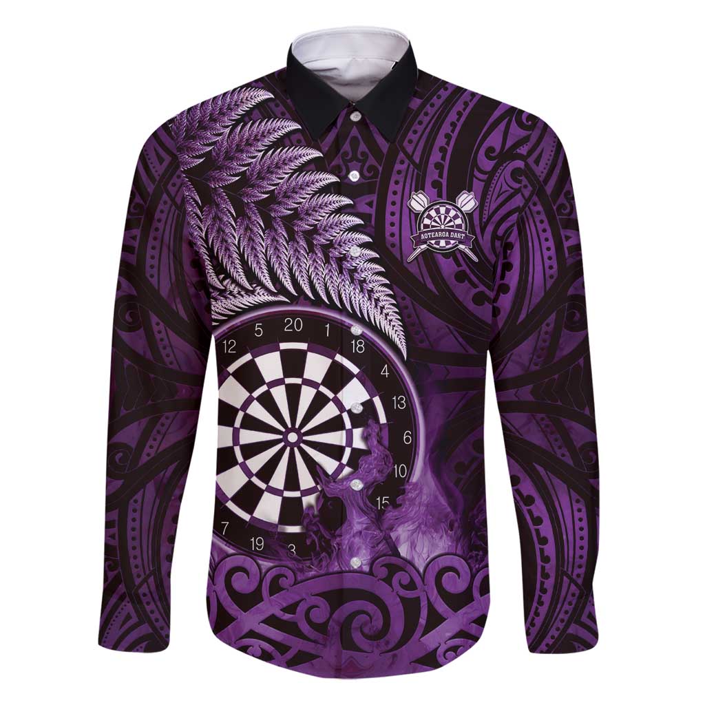 Personalised New Zealand Darts Family Matching Tank Maxi Dress and Hawaiian Shirt Maori Koru Dartboard Purple Flame LT05 Dad's Shirt - Long Sleeve Purple - Polynesian Pride