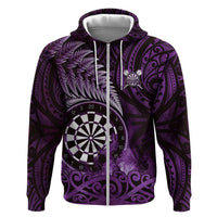 Personalised New Zealand Darts Hoodie Maori Koru Dartboard Purple Flame
