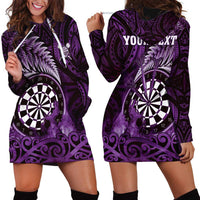 Personalised New Zealand Darts Hoodie Dress Maori Koru Dartboard Purple Flame