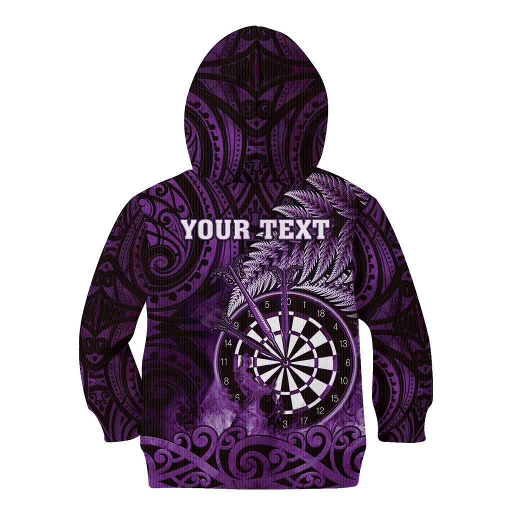 Personalised New Zealand Darts Kid Hoodie Maori Koru Dartboard Purple Flame