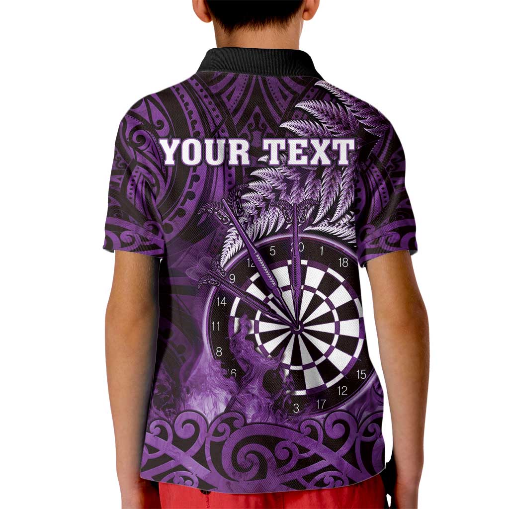 Personalised New Zealand Darts Kid Polo Shirt Maori Koru Dartboard Purple Flame