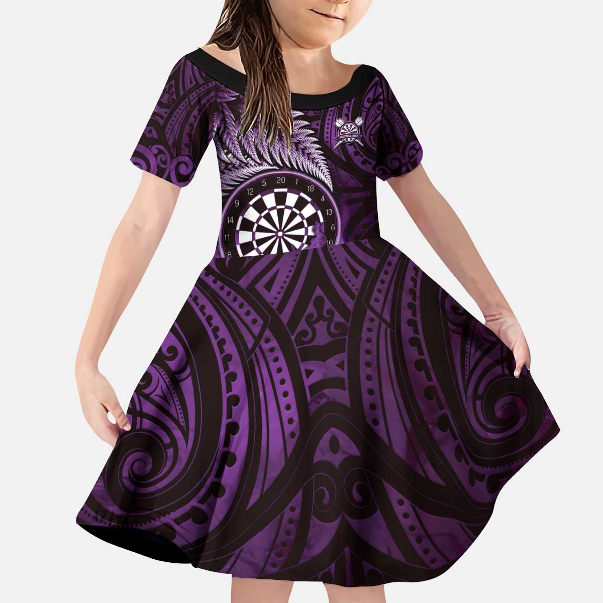Personalised New Zealand Darts Kid Short Sleeve Dress Maori Koru Dartboard Purple Flame