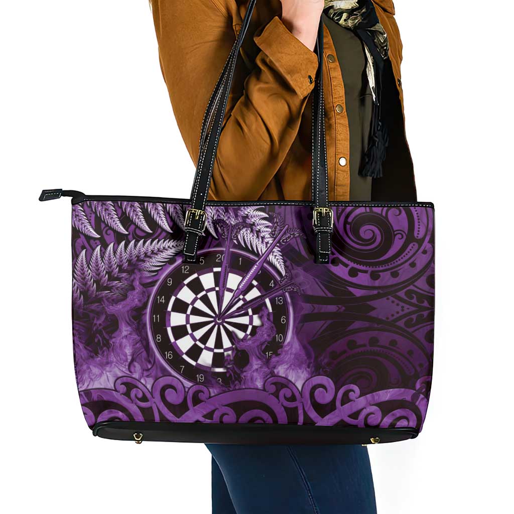 New Zealand Darts Leather Tote Bag Maori Koru Dartboard Purple Flame LT05 - Polynesian Pride