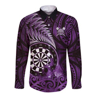 Personalised New Zealand Darts Long Sleeve Button Shirt Maori Koru Dartboard Purple Flame