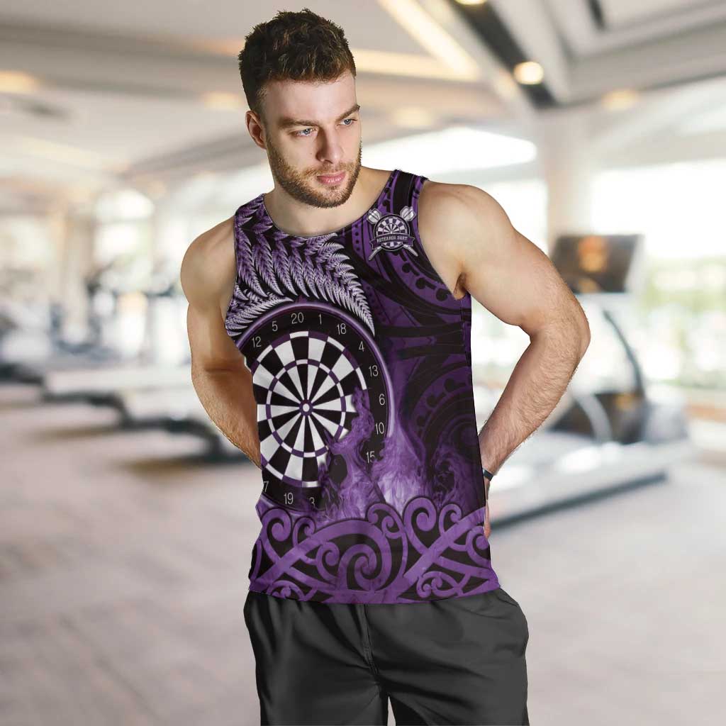 Personalised New Zealand Darts Men Tank Top Maori Koru Dartboard Purple Flame