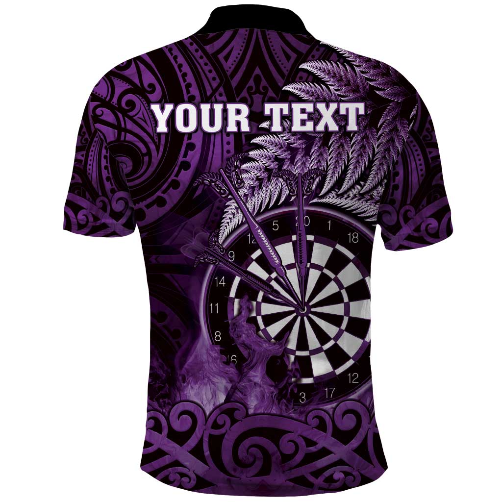 Personalised New Zealand Darts Polo Shirt Maori Koru Dartboard Purple Flame