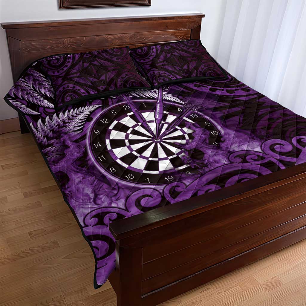 New Zealand Darts Quilt Bed Set Maori Koru Dartboard Purple Flame