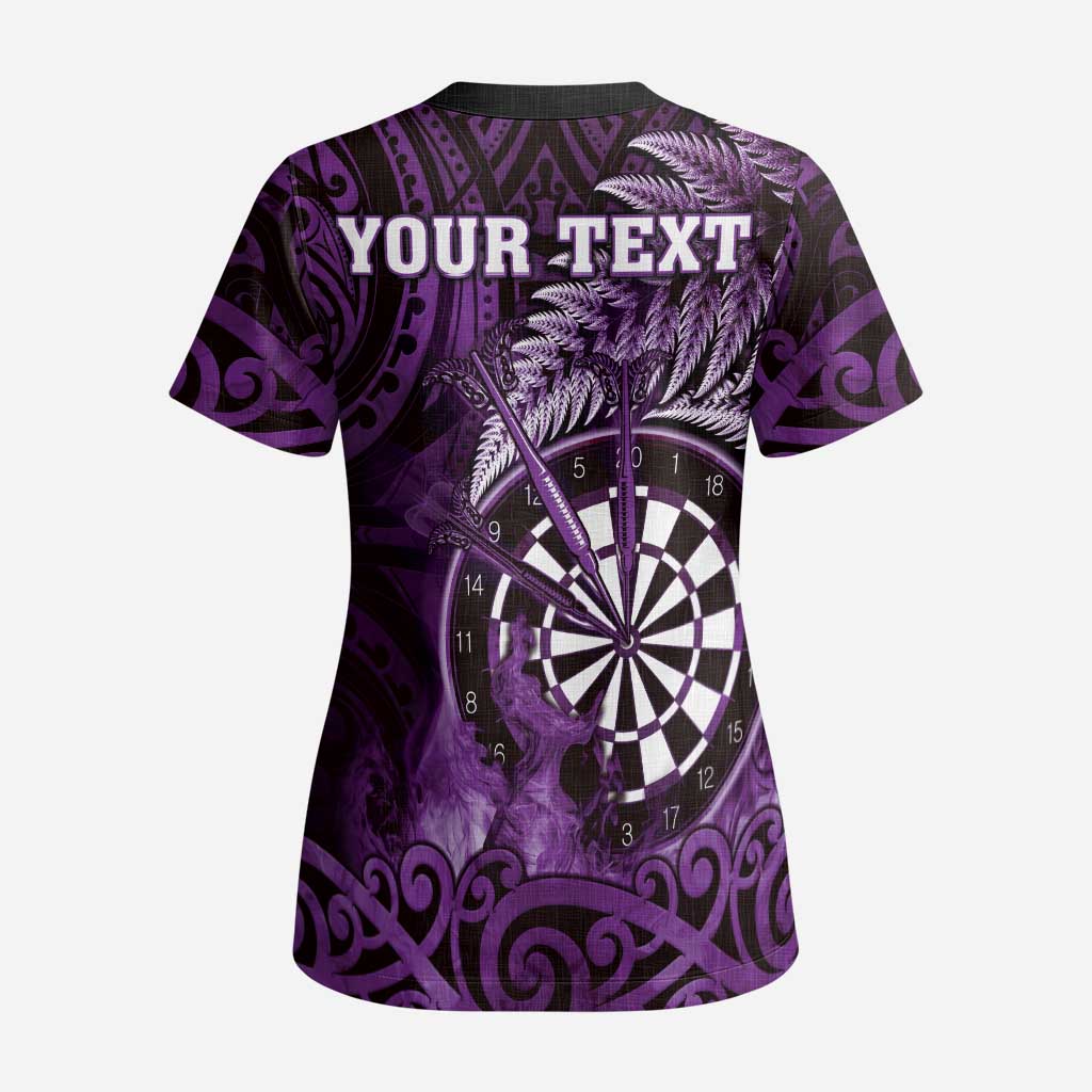 Personalised New Zealand Darts Scrub Top Maori Koru Dartboard Purple Flame - Polynesian Pride