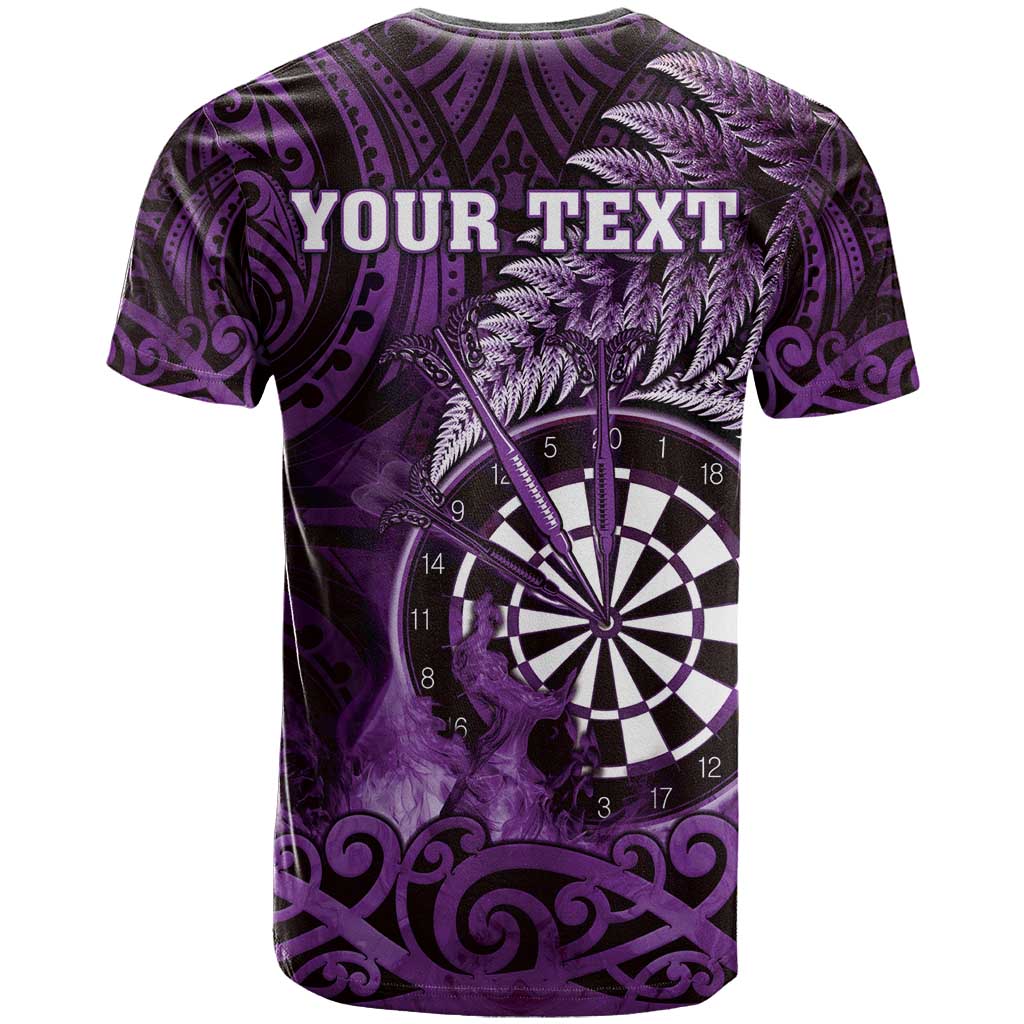 Personalised New Zealand Darts T Shirt Maori Koru Dartboard Purple Flame