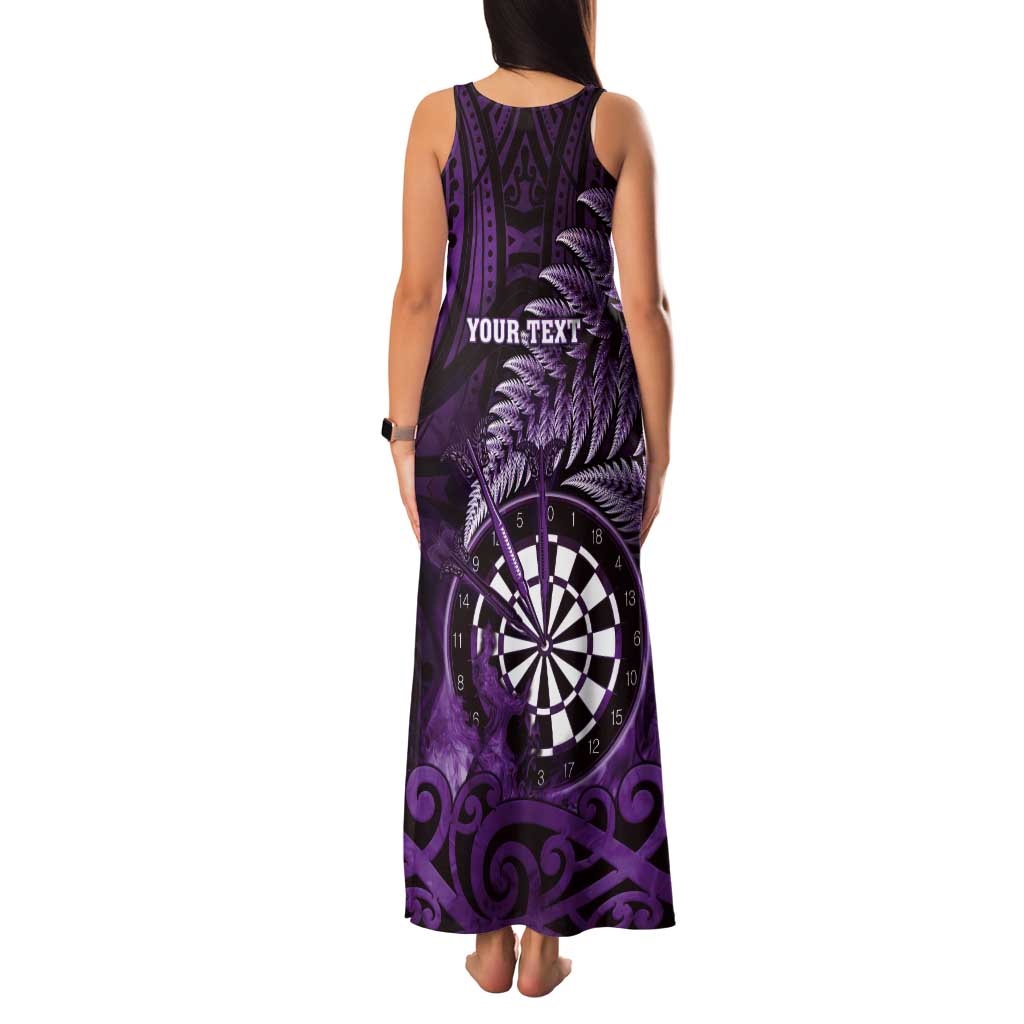 Personalised New Zealand Darts Tank Maxi Dress Maori Koru Dartboard Purple Flame