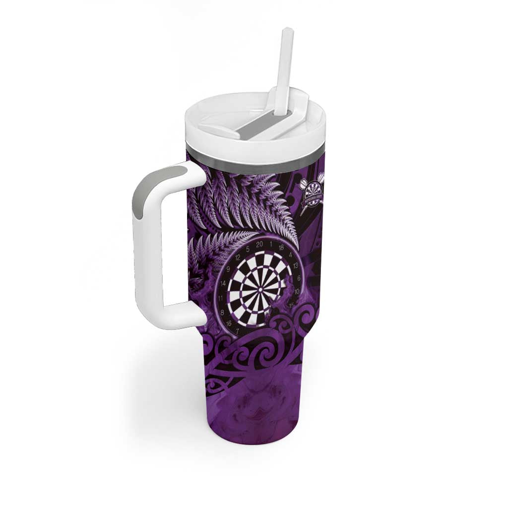 Personalised New Zealand Darts Tumbler With Handle Maori Koru Dartboard Purple Flame