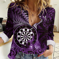 Personalised New Zealand Darts Women Casual Shirt Maori Koru Dartboard Purple Flame
