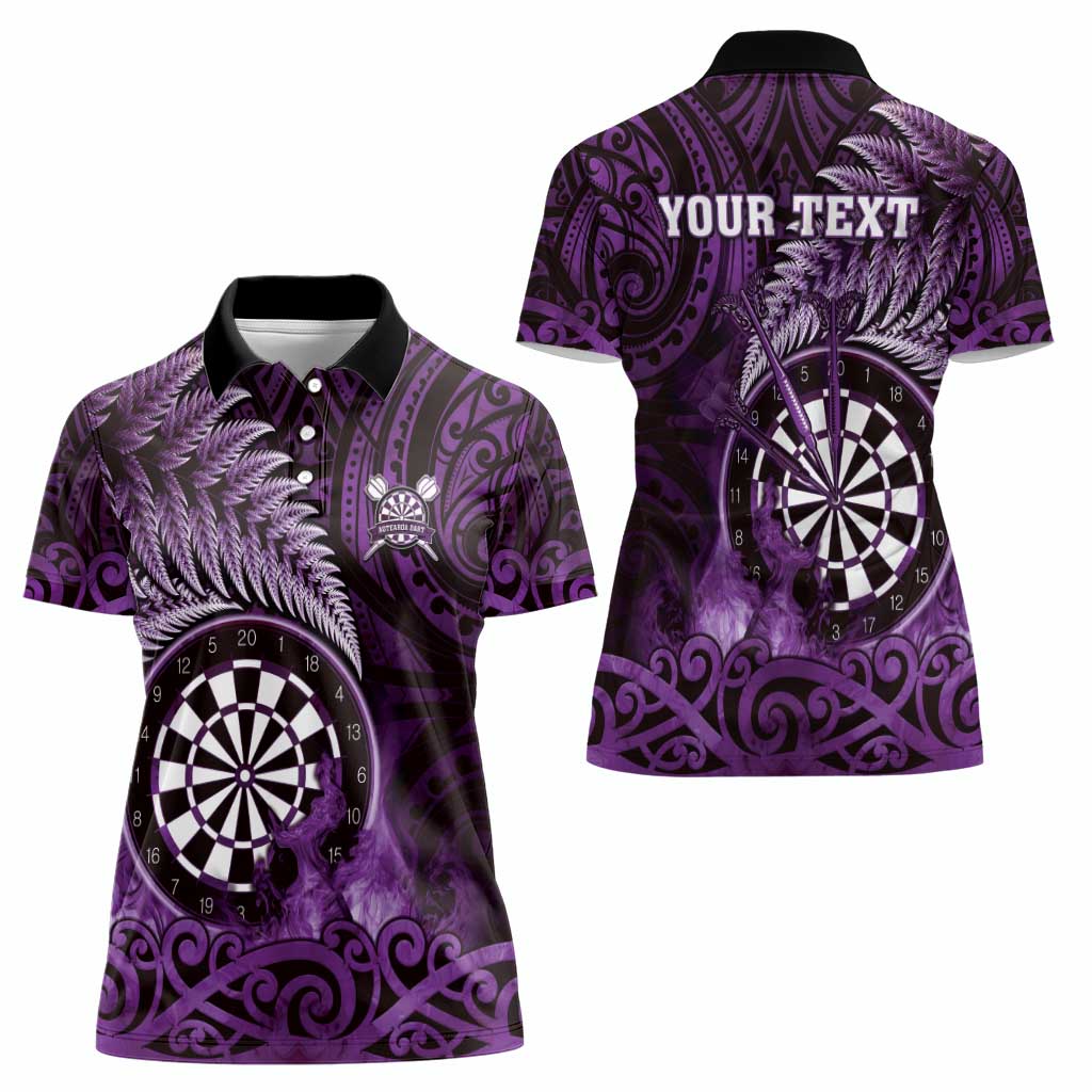 Personalised New Zealand Darts Women Polo Shirt Maori Koru Dartboard Purple Flame