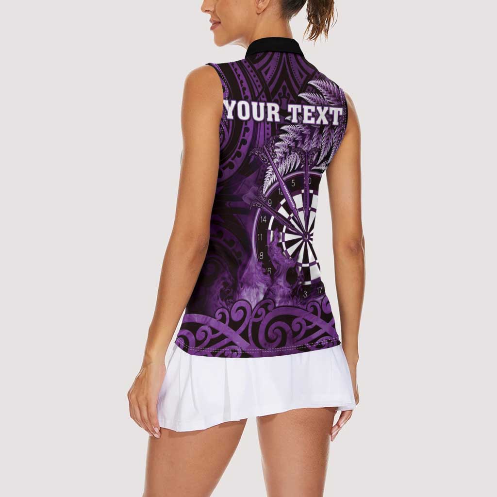 Personalised New Zealand Darts Women Sleeveless Polo Shirt Maori Koru Dartboard Purple Flame