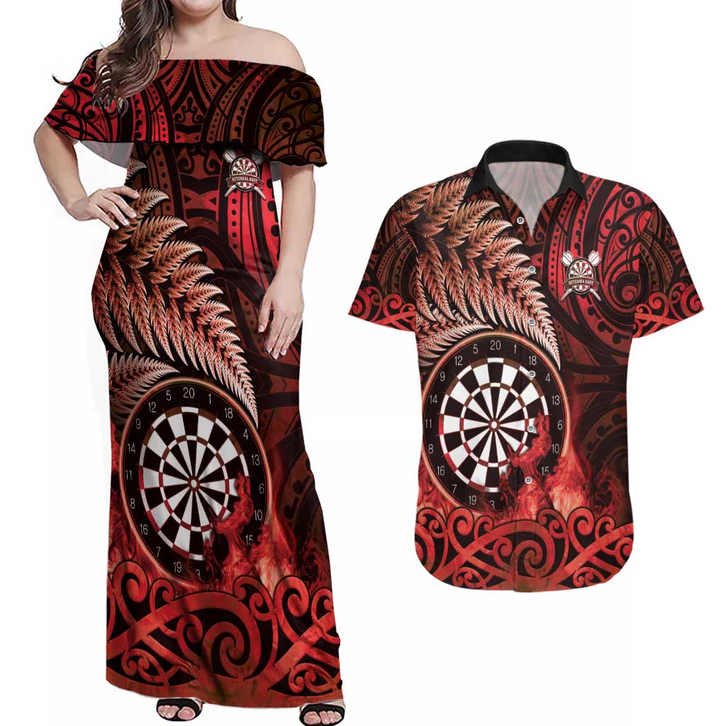 Personalised New Zealand Darts Couples Matching Off Shoulder Maxi Dress and Hawaiian Shirt Maori Koru Dartboard Red Flame