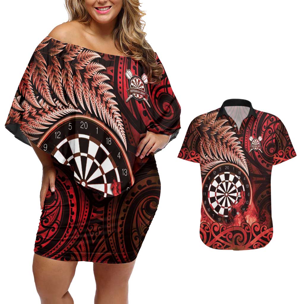 Personalised New Zealand Darts Couples Matching Off Shoulder Short Dress and Hawaiian Shirt Maori Koru Dartboard Red Flame
