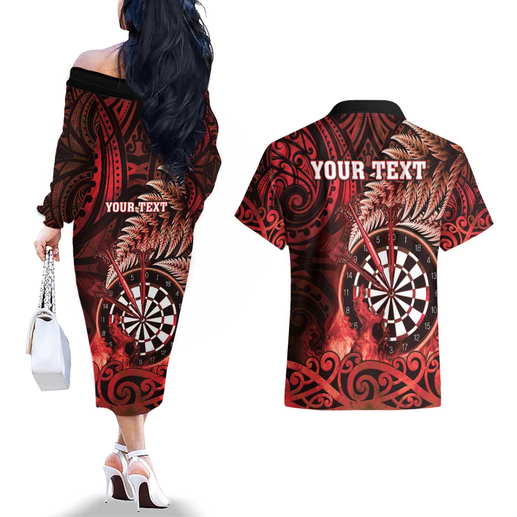 Personalised New Zealand Darts Couples Matching Off The Shoulder Long Sleeve Dress and Hawaiian Shirt Maori Koru Dartboard Red Flame