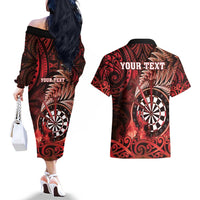 Personalised New Zealand Darts Couples Matching Off The Shoulder Long Sleeve Dress and Hawaiian Shirt Maori Koru Dartboard Red Flame