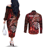 Personalised New Zealand Darts Couples Matching Off The Shoulder Long Sleeve Dress and Long Sleeve Button Shirt Maori Koru Dartboard Red Flame