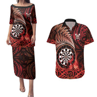 Personalised New Zealand Darts Couples Matching Puletasi and Hawaiian Shirt Maori Koru Dartboard Red Flame