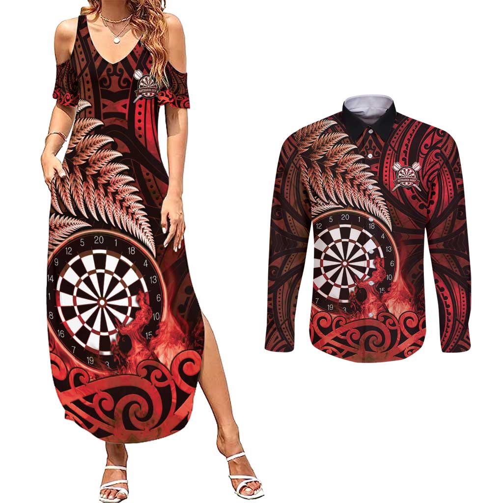 Personalised New Zealand Darts Couples Matching Summer Maxi Dress and Long Sleeve Button Shirt Maori Koru Dartboard Red Flame LT05 Red - Polynesian Pride