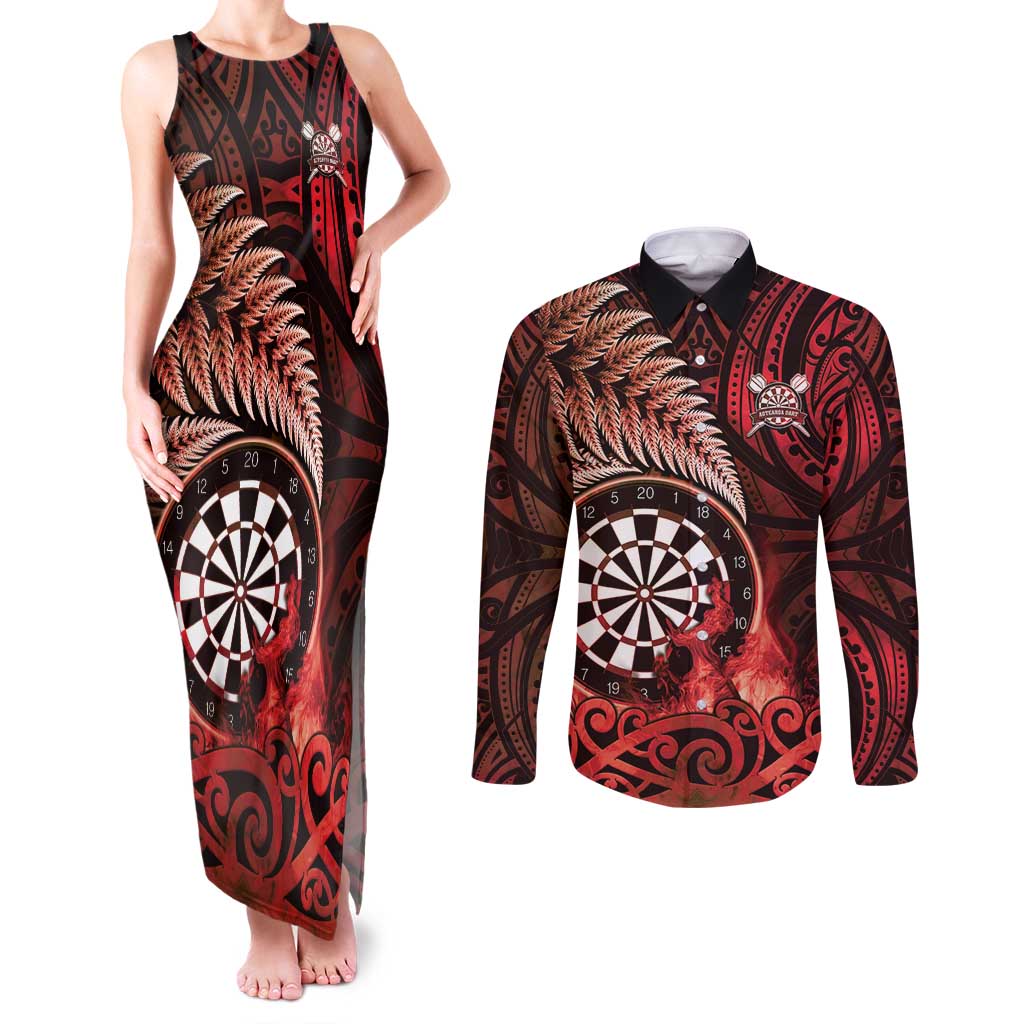 Personalised New Zealand Darts Couples Matching Tank Maxi Dress and Long Sleeve Button Shirt Maori Koru Dartboard Red Flame