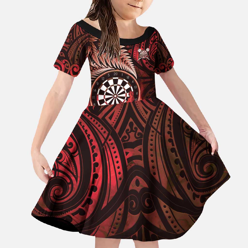Personalised New Zealand Darts Family Matching Mermaid Dress and Hawaiian Shirt Maori Koru Dartboard Red Flame