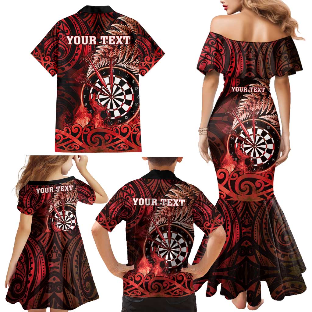 Personalised New Zealand Darts Family Matching Mermaid Dress and Hawaiian Shirt Maori Koru Dartboard Red Flame