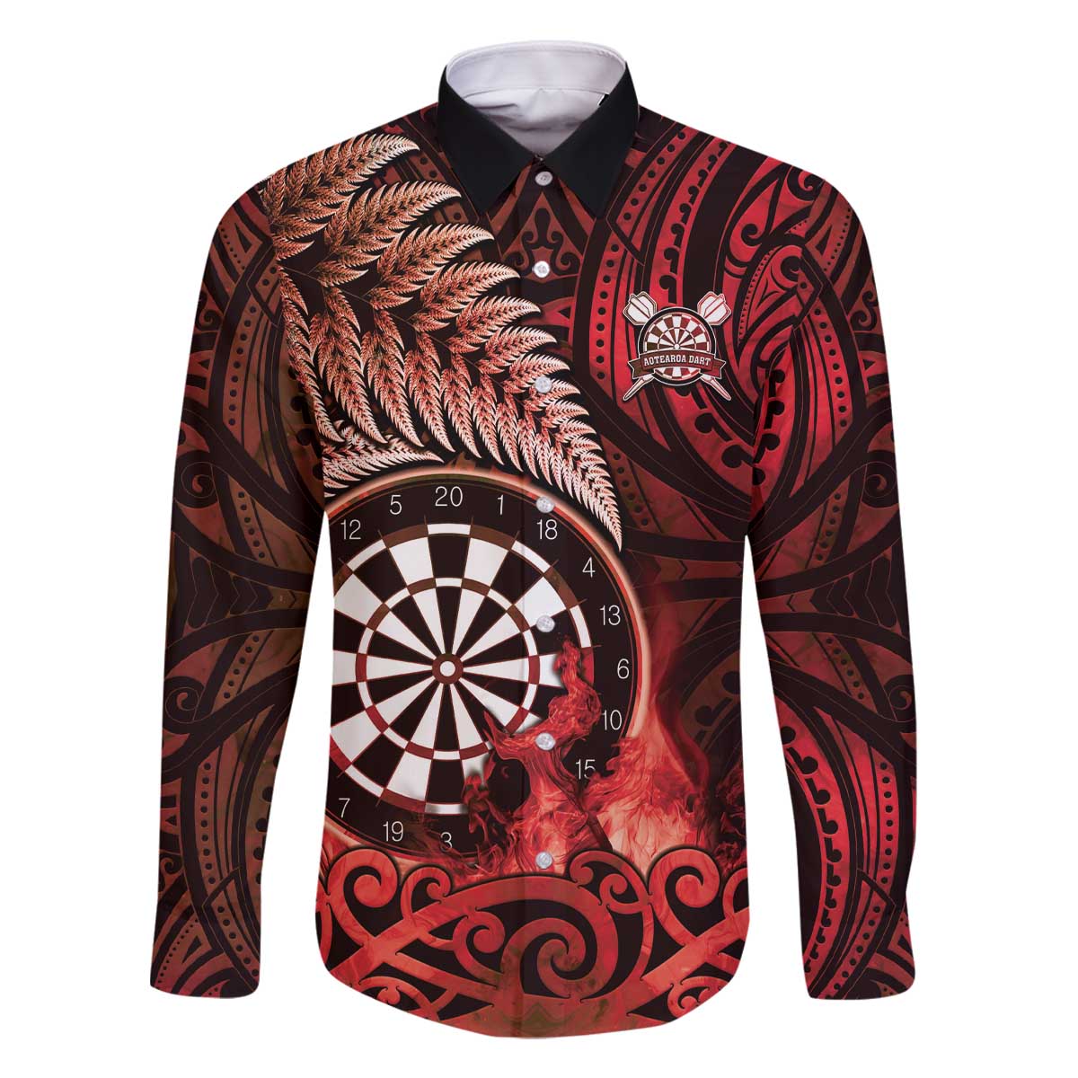 Personalised New Zealand Darts Family Matching Off The Shoulder Long Sleeve Dress and Hawaiian Shirt Maori Koru Dartboard Red Flame