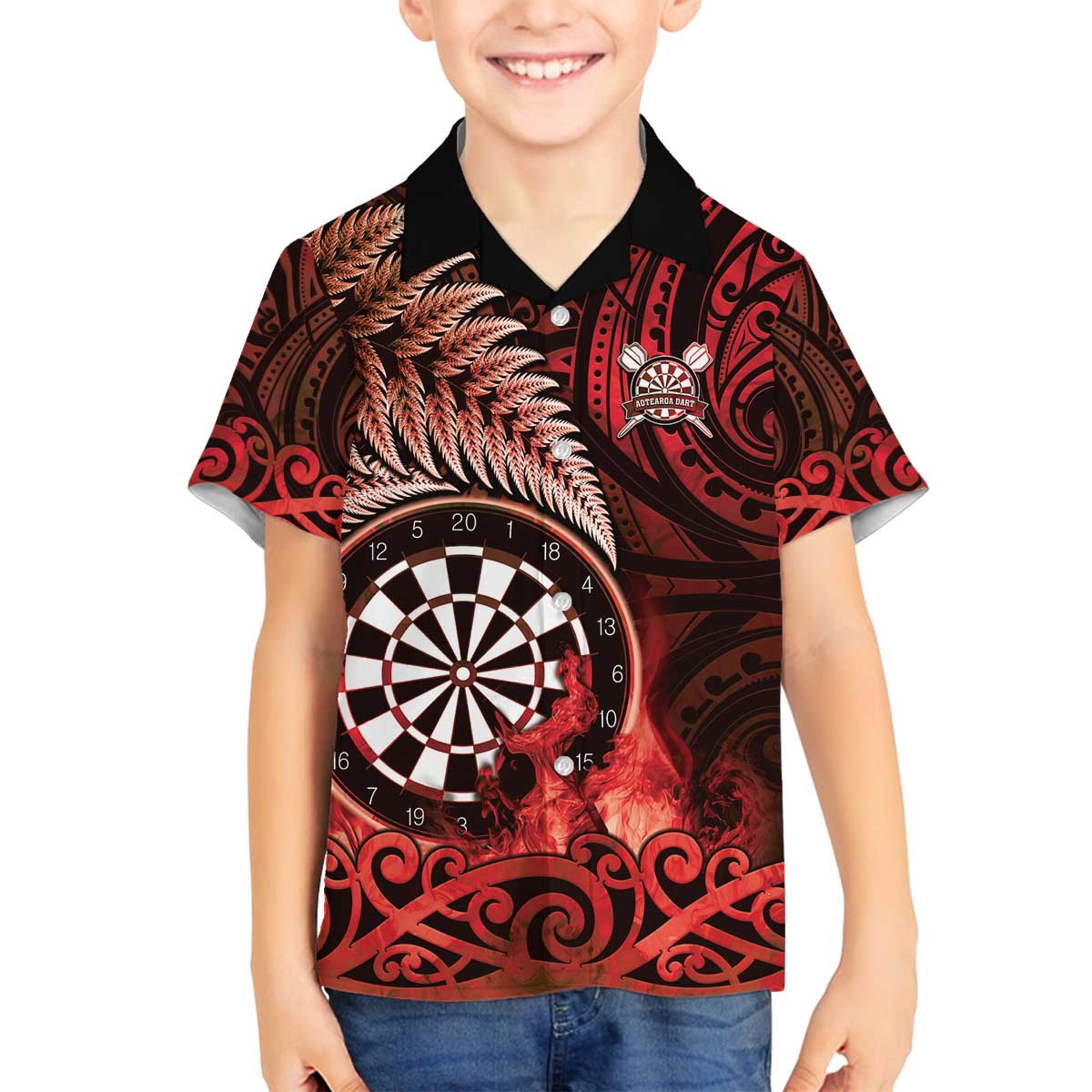 Personalised New Zealand Darts Family Matching Off The Shoulder Long Sleeve Dress and Hawaiian Shirt Maori Koru Dartboard Red Flame