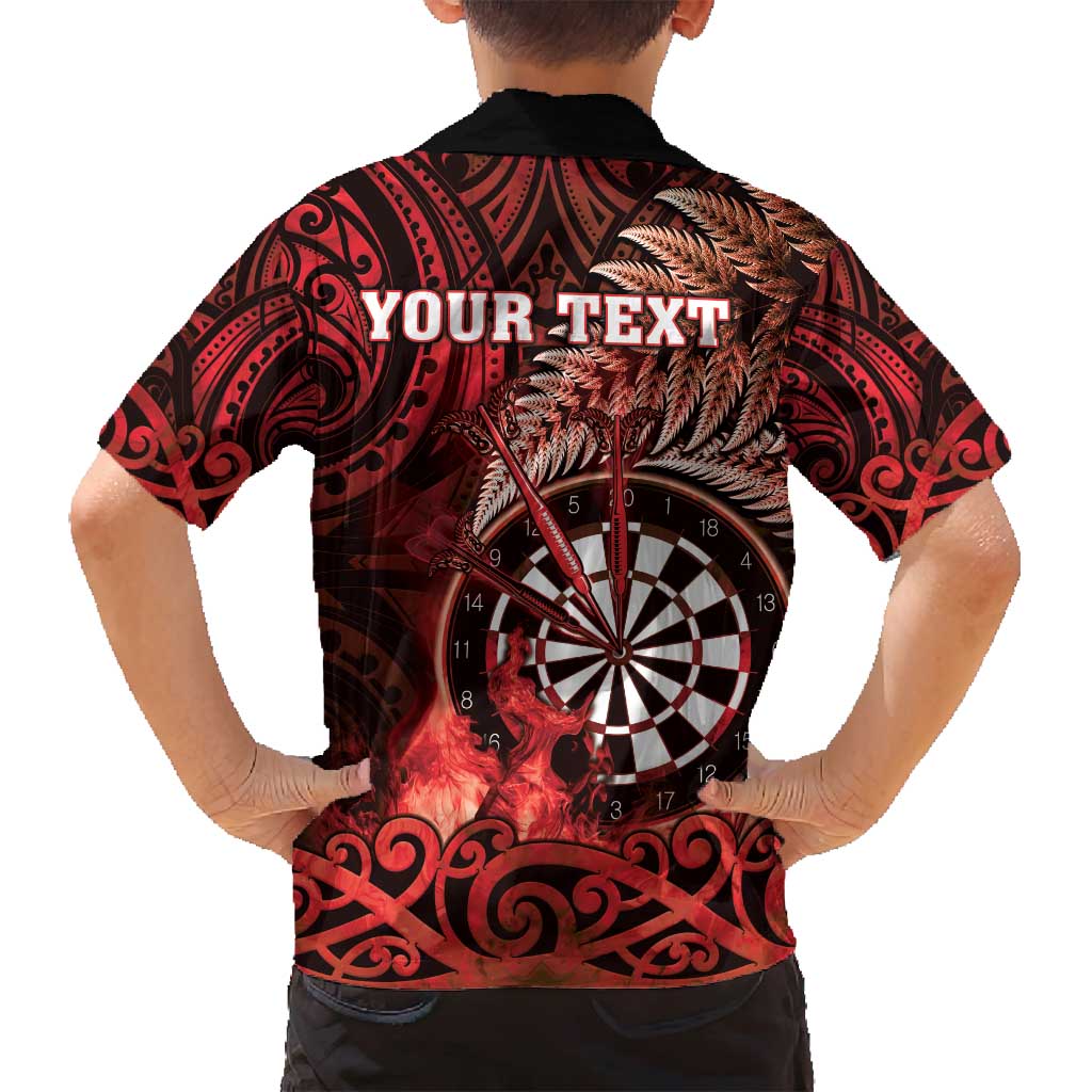 Personalised New Zealand Darts Family Matching Off Shoulder Short Dress and Hawaiian Shirt Maori Koru Dartboard Red Flame