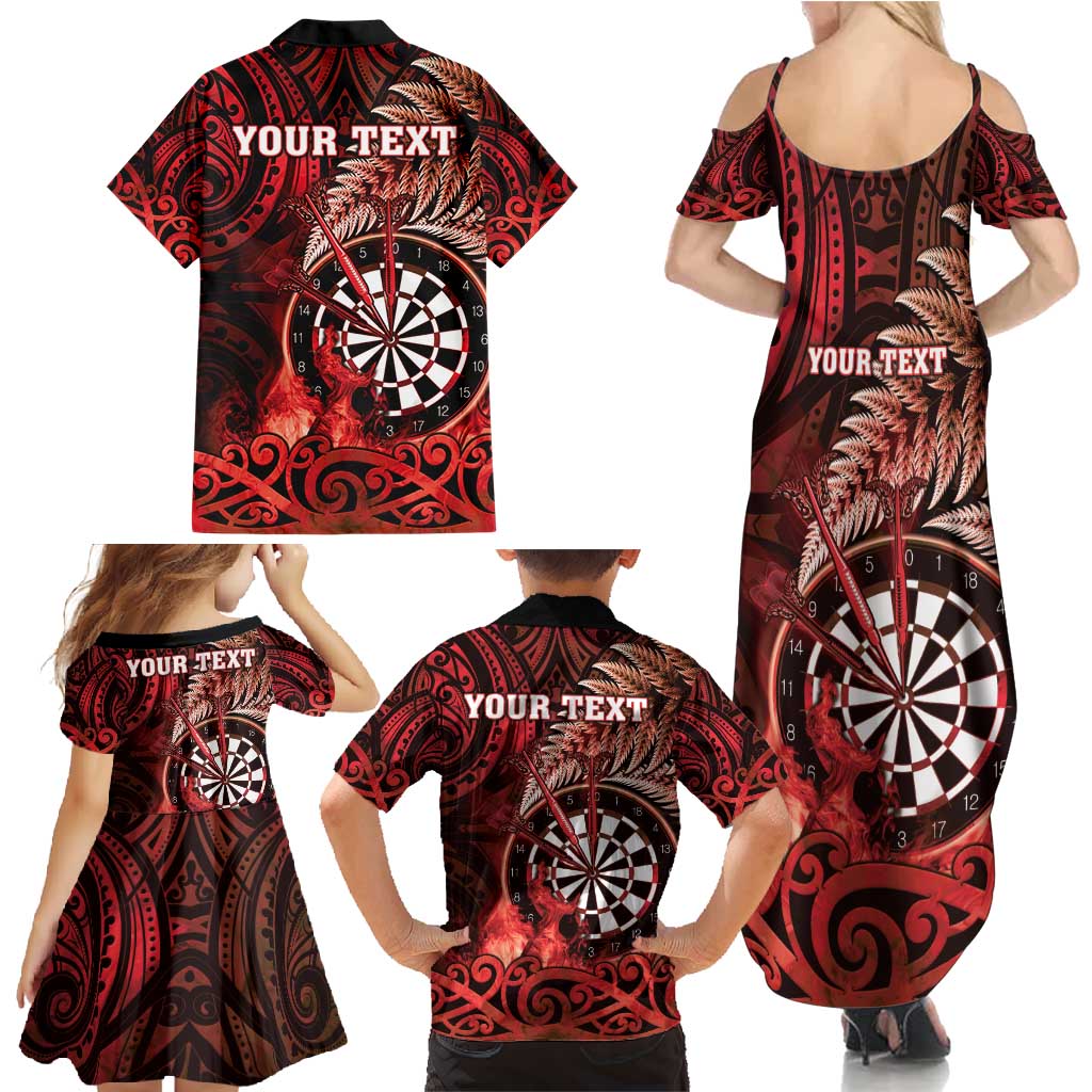 Personalised New Zealand Darts Family Matching Summer Maxi Dress and Hawaiian Shirt Maori Koru Dartboard Red Flame