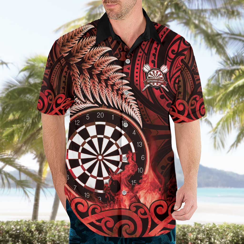 Personalised New Zealand Darts Hawaiian Shirt Maori Koru Dartboard Red Flame